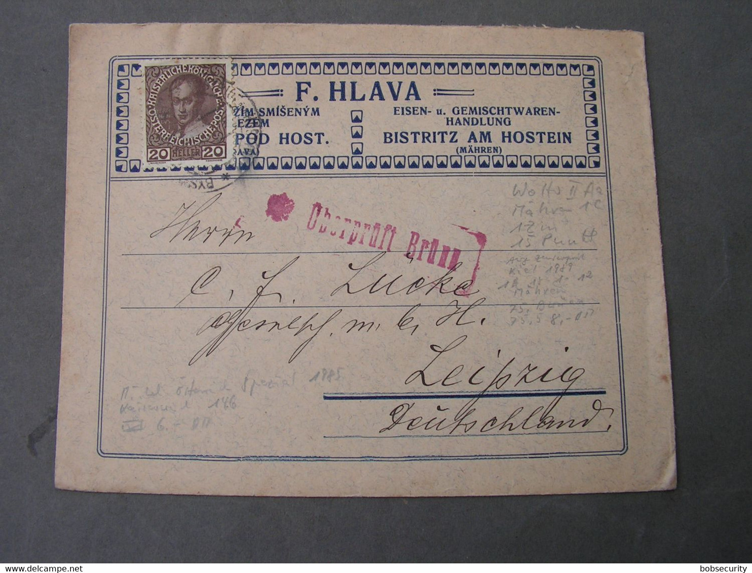 Reklame Smisene Zbozim Bistice Pod Hostynem ,  Heimatbeleg Ca. 1917 ?? - ...-1918 Prefilatelia