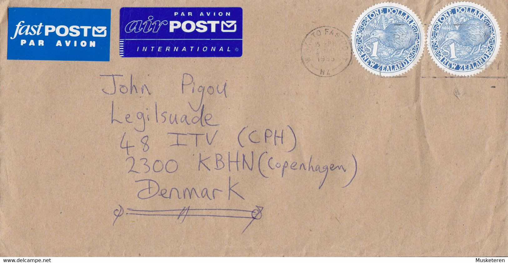 New Zealand AIRPOST & FASTPOST Par Avion Labels WAIKATO 1995 Cover Denmark $1.00 (Round) Kiwi Bird Vogel Oiseau Stamps - Airmail