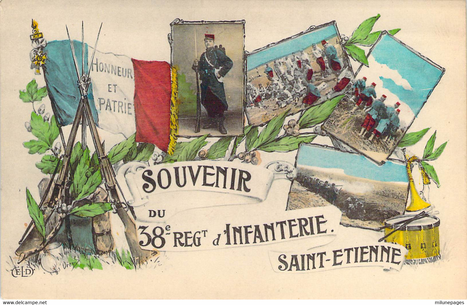 42 LOIRE Souvenir Au Drapeau Et Aux Fusils Du 38ème Régiment D'Infanterie De St ETIENNE Dessin De Orens - Saint Etienne