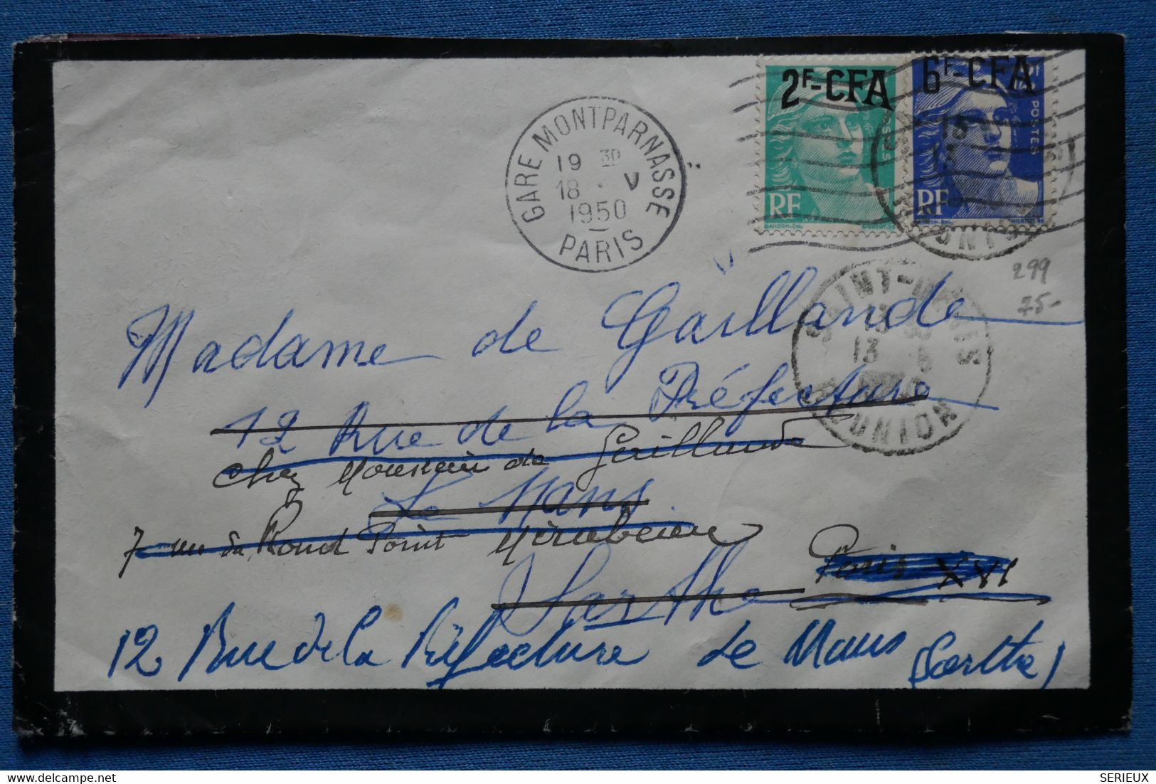 AE2  LA REUNION BELLE LETTRE 1950 ST DENIS   POUR LE MANS REDISTRIBUEE +AFFRANCH. INTERESSANT - Storia Postale