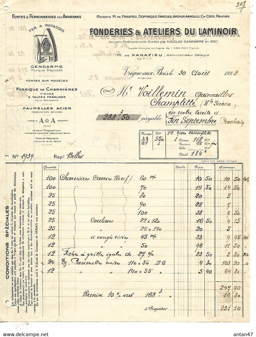 3 Factures 1922-24 / 08 VRIGNE AUX BOIS / Fonderies & Ateliers Du Laminoir / Logo Fer à Repasser GENDARME - 1900 – 1949