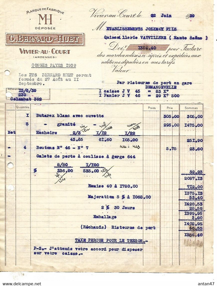 2 Factures 1939-48 / 08 VRIGNE AUX BOIS / BERNARD HUET / Usine De THUMECOURT Marque MH - 1900 – 1949