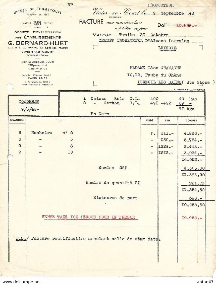 2 Factures 1939-48 / 08 VRIGNE AUX BOIS / BERNARD HUET / Usine De THUMECOURT Marque MH - 1900 – 1949