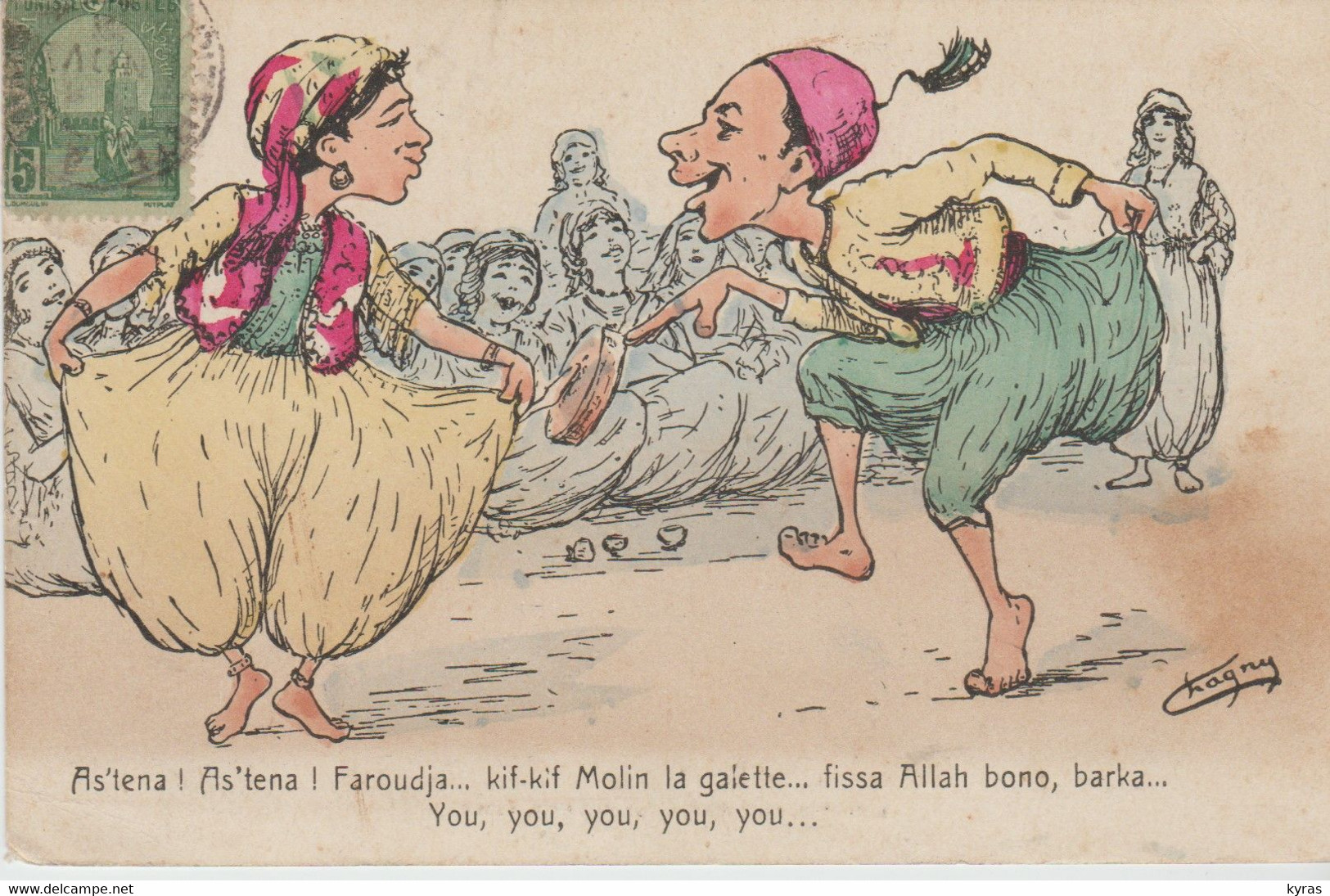 ALGERIE Illust. CHAGNY Caricature Couple Dansant " As'tena! As'rena ...Kif-kif Molin La Galette..fissa Allah Bono " - Chagny