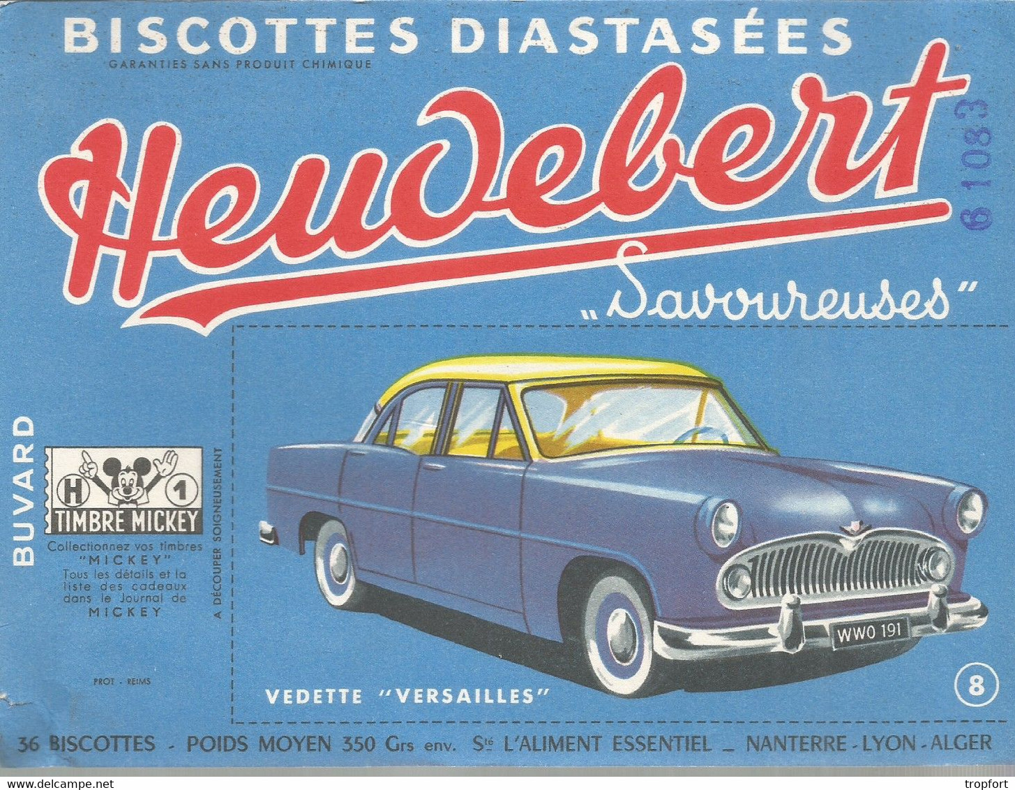 PY /  BUVARD Ancien Biscotte Heudebert VOITURE AUTOMOBILE VEDETTE VERSAILLES Timbre Mickey ALGER - Automobile