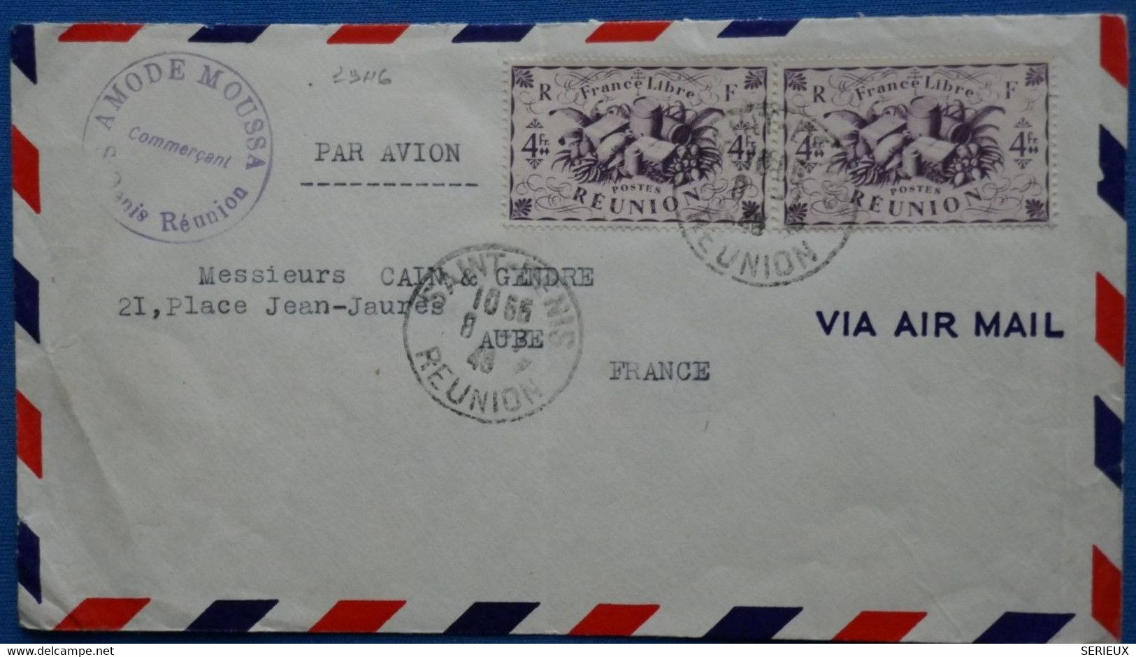 #16 LA REUNION FRANCE BELLE LETTRE 1943 SAINT DENIS POUR TROYES FRANCE LIBRE +PAIRE DE T.P+ AFFRANCHISSEMENT PLAISANT - Briefe U. Dokumente