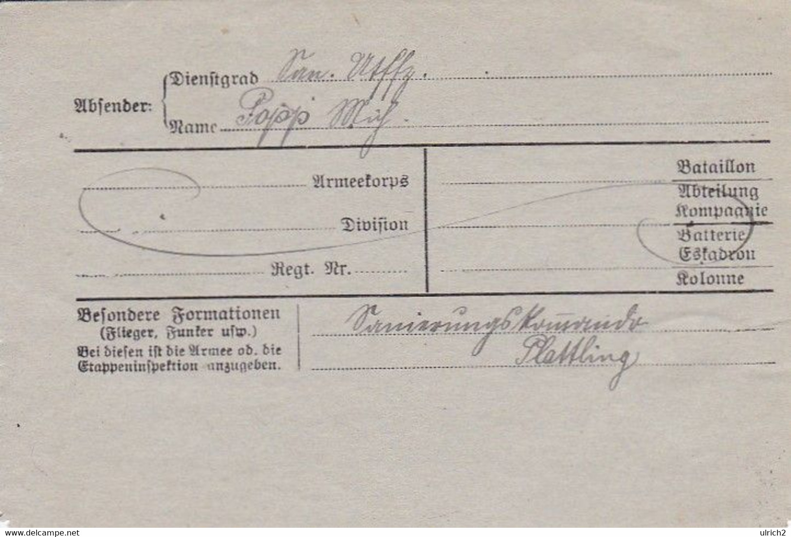 Feldpostbrief - Plattling Nach 7. Bayr. Armee - 1916 (58108) - Covers & Documents