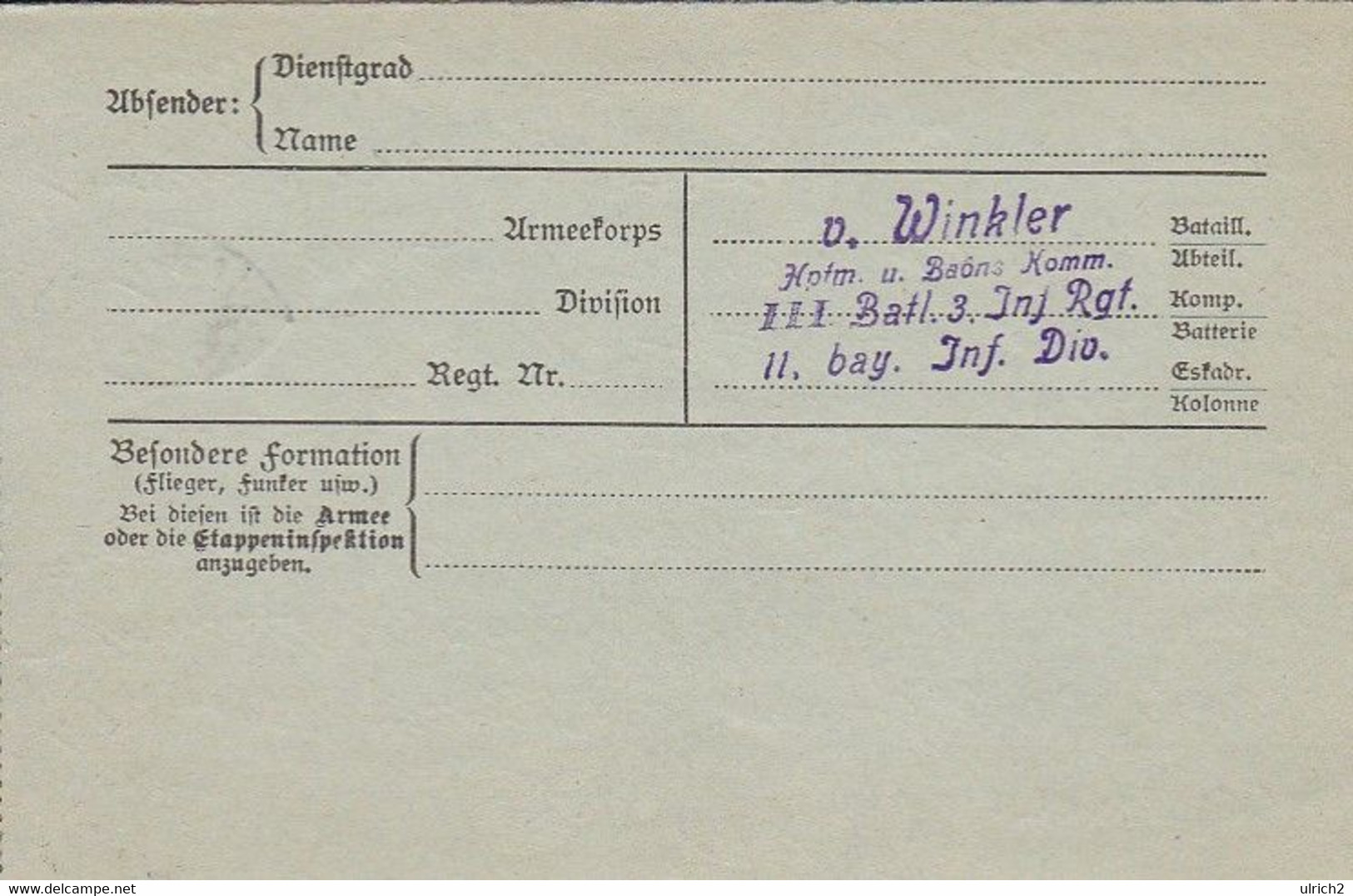 Feldpostbrief - III. Batl. 3. Inf. Rgt. II Bay. Inf. Div . - Nach München - 1916 (58109) - Cartas & Documentos
