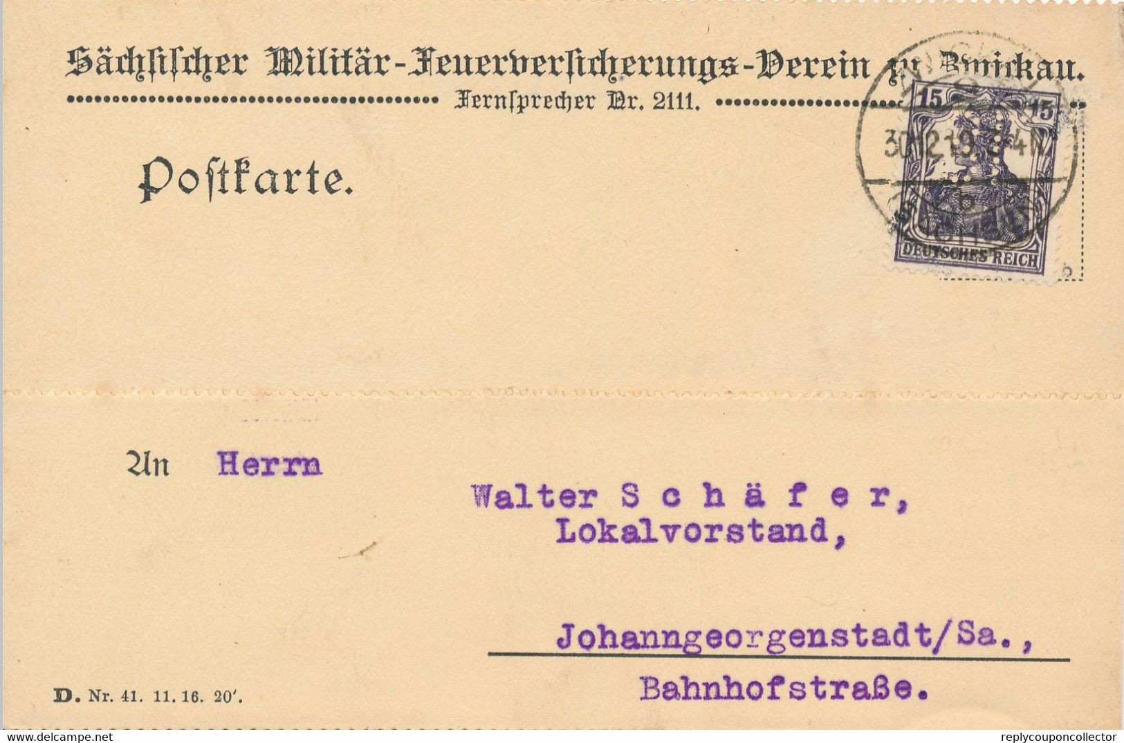 ZWICKAU  - 1920  ,  Perfins / Firmenlochung  -  SÄCHSISCHER MILITÄR-FEUERVERSICHERUNG  -  Karte Nach Johanngeorgenstadt - Covers & Documents