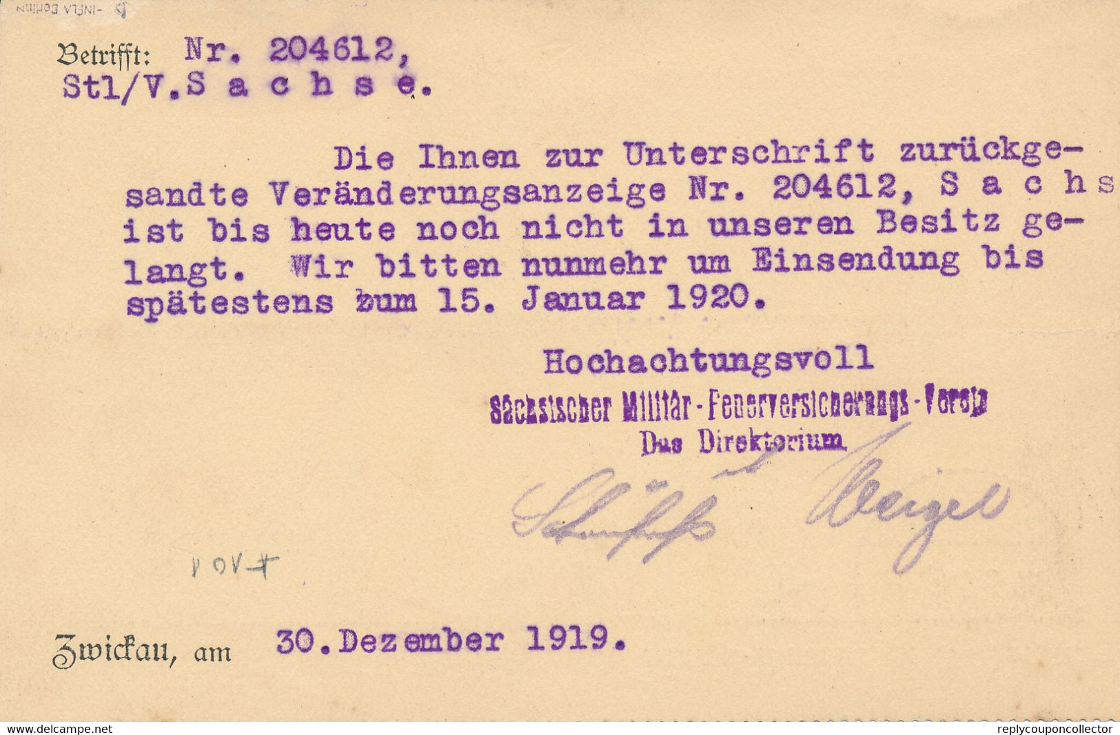 ZWICKAU  - 1920  ,  Perfins / Firmenlochung  -  SÄCHSISCHER MILITÄR-FEUERVERSICHERUNG  -  Karte Nach Johanngeorgenstadt - Covers & Documents