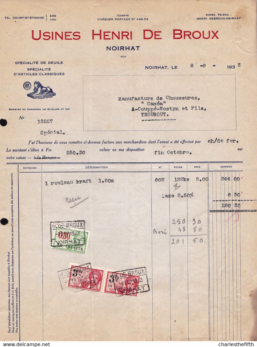 VIEILLE FACTURE 1933 ** USINES HENRI DE BROUX ** NOIRHAT - SPECIALITE DE DEUILS - ARTICLES CLASSIQUES - 1900 – 1949