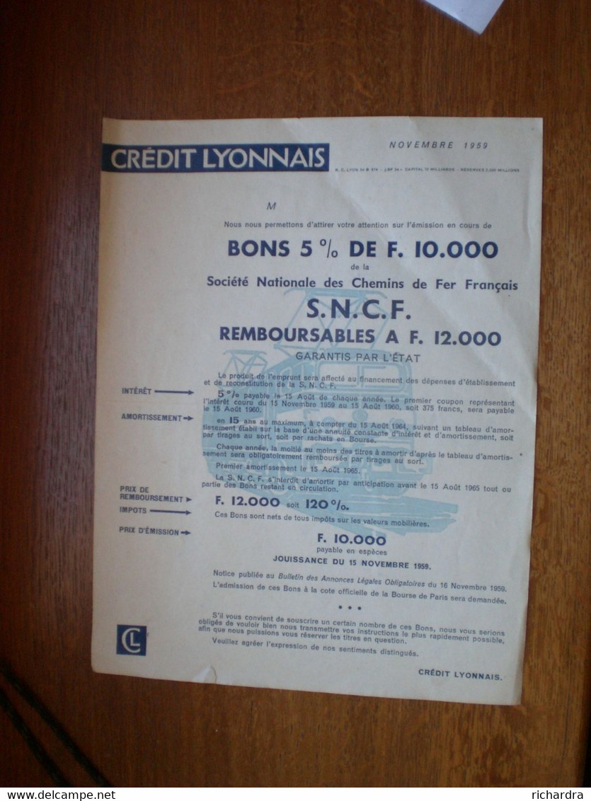 Affiche Bons 5% De F. 10.000 S.N.C.F. 1959 Crédit Lyonnais - S - V