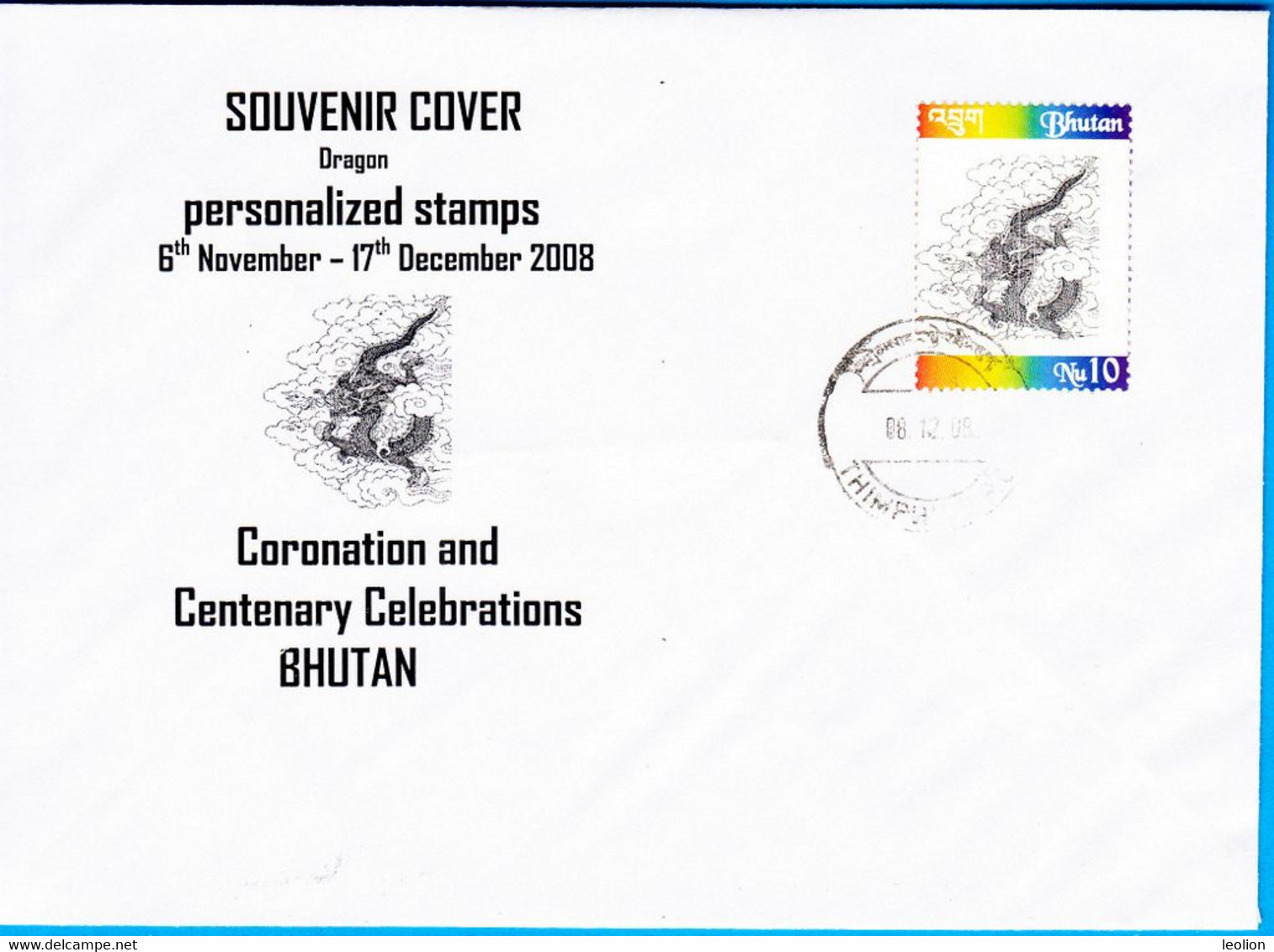 Bhutan Souvenir Cover 2008 Personalized Stamps 10 Nu With Dragon - Bhutan
