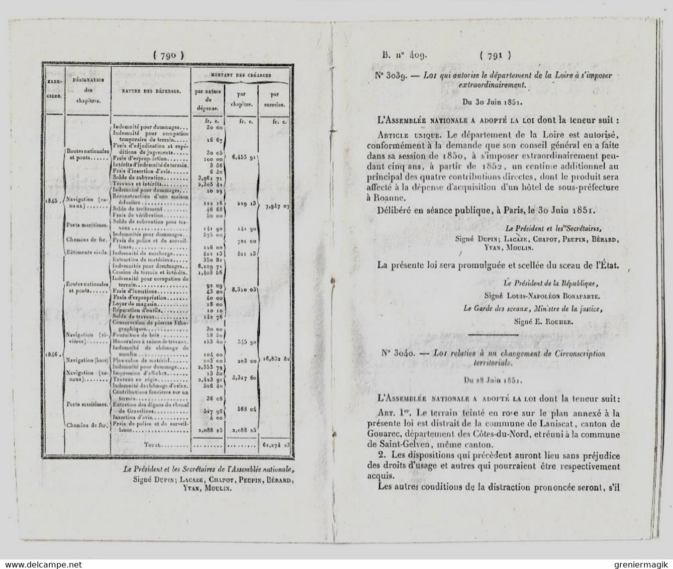 Bulletin Des Lois 409 1851 Tarif Péage Pont D'Epinal Et Onard (Landes)/Montbonnot-Saint-Martin/Roanne/Troyes/Travaux - Wetten & Decreten