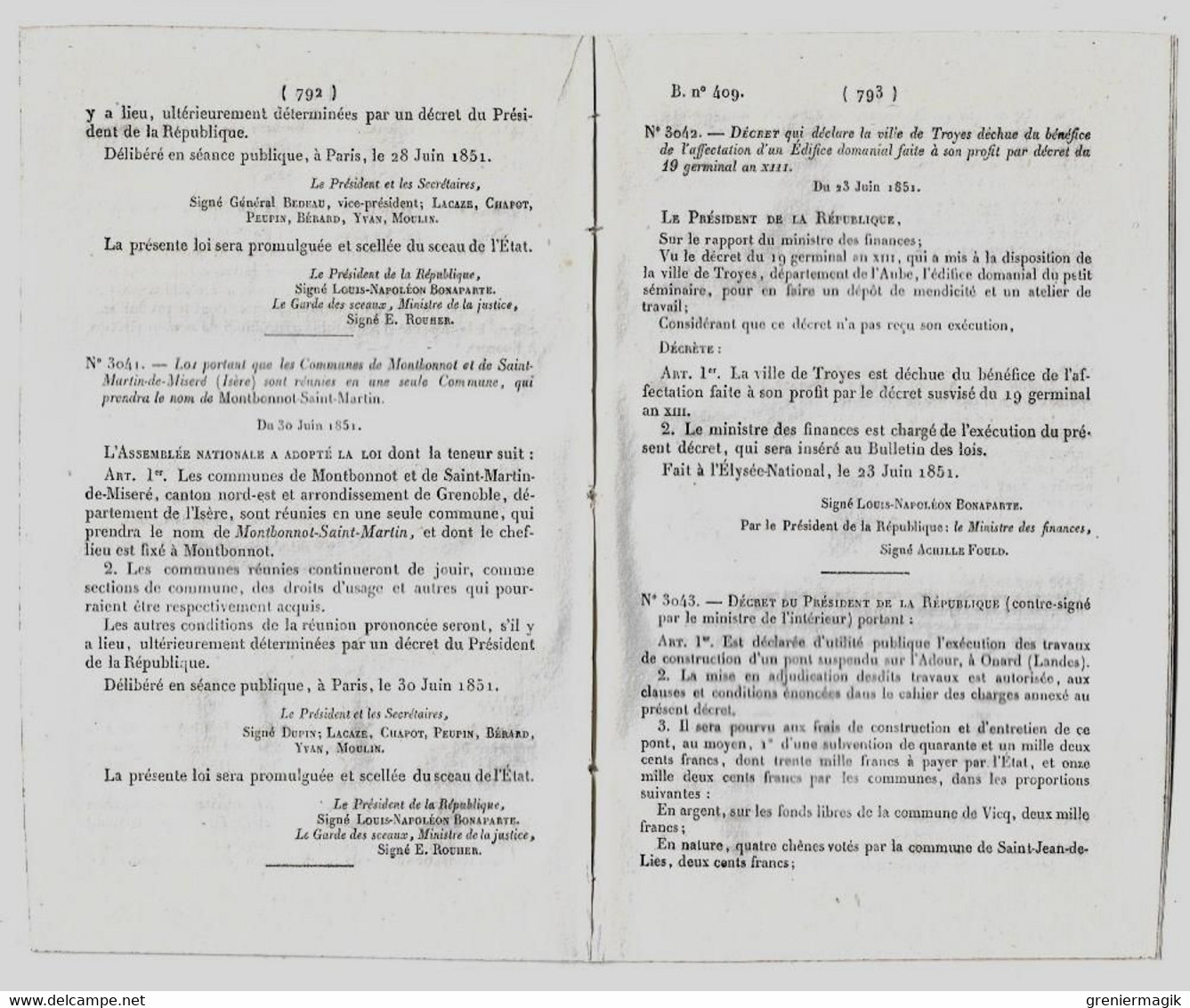 Bulletin Des Lois 409 1851 Tarif Péage Pont D'Epinal Et Onard (Landes)/Montbonnot-Saint-Martin/Roanne/Troyes/Travaux - Wetten & Decreten