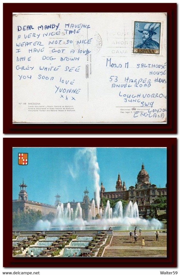 1970 C. Espana Spain Tarjeta De El Palacio De Montjuich Barcellona Usada A Tossa Y Circulada A Regno Unido Postcard - Barcelona