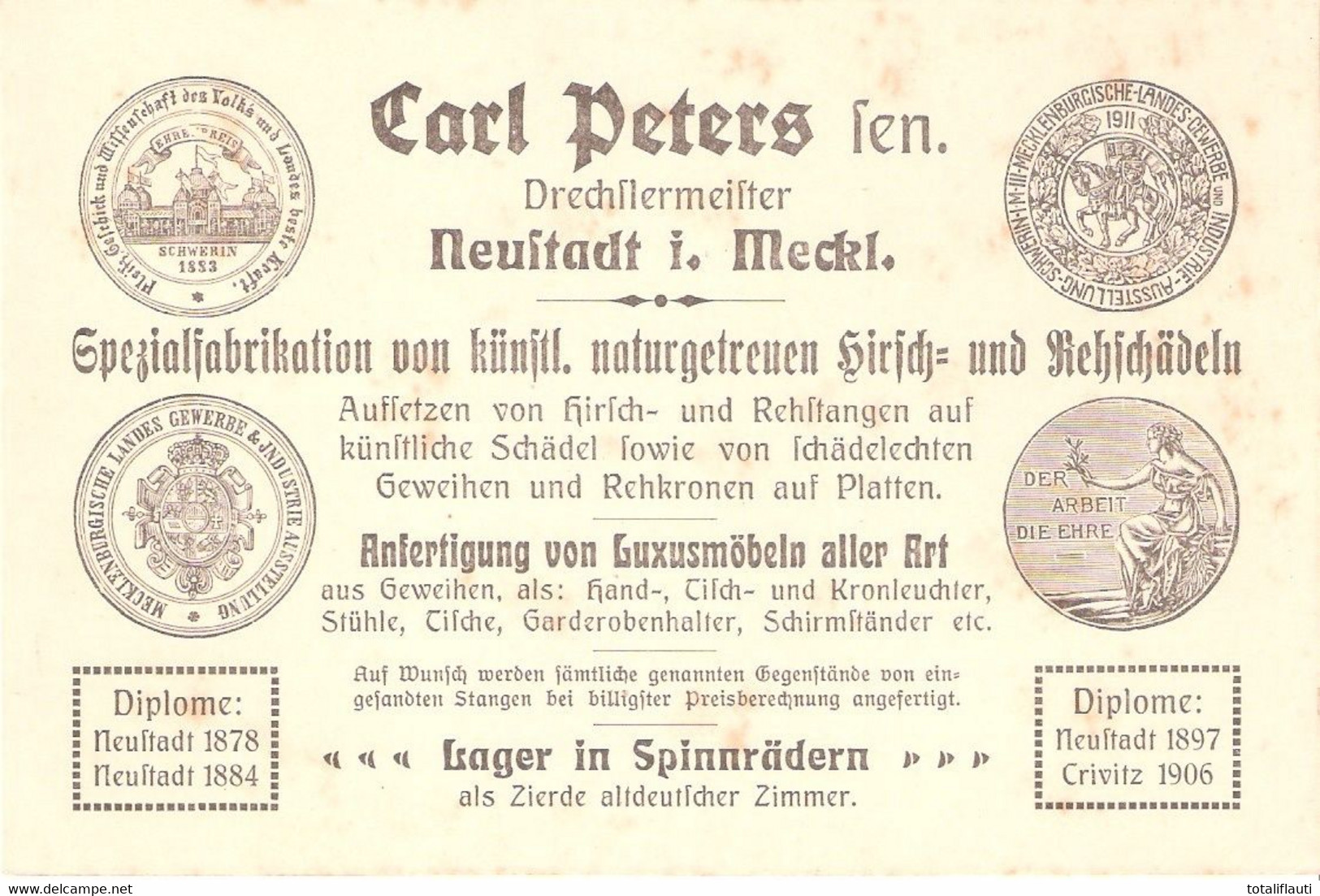 NEUSTADT GLEWE Mecklenburg Werbung Reklame Drechsler Carl Peters Hirsch + Rehe Schädel - Ludwigslust