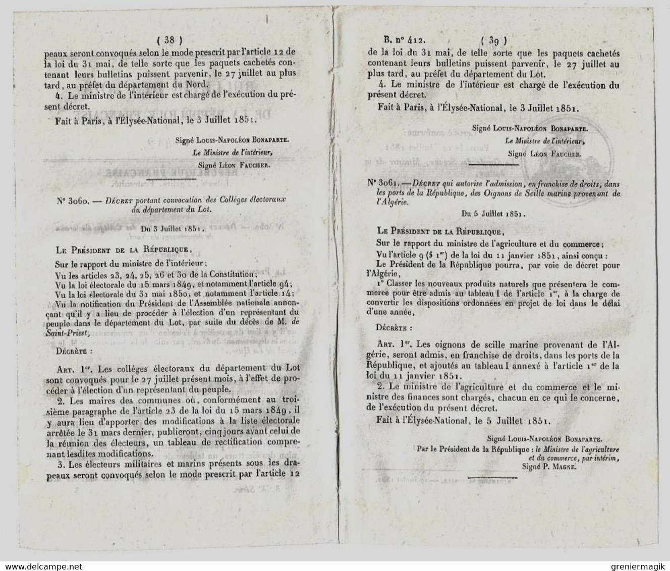 Bulletin Des Lois 412 1851 Oignons De Scille Marine D'Algérie/Général Ducos De La Hitte/Pierre-François De Saint-Priest - Decreti & Leggi