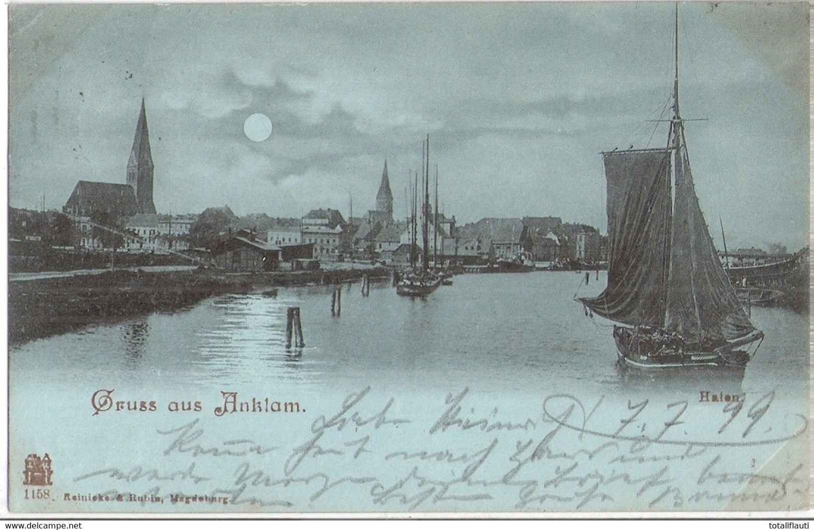 Gruss Aus ANKLAM Mondscheinkarte Hafen Silhouette Segelboot 7.7.1899 Gelaufen - Anklam