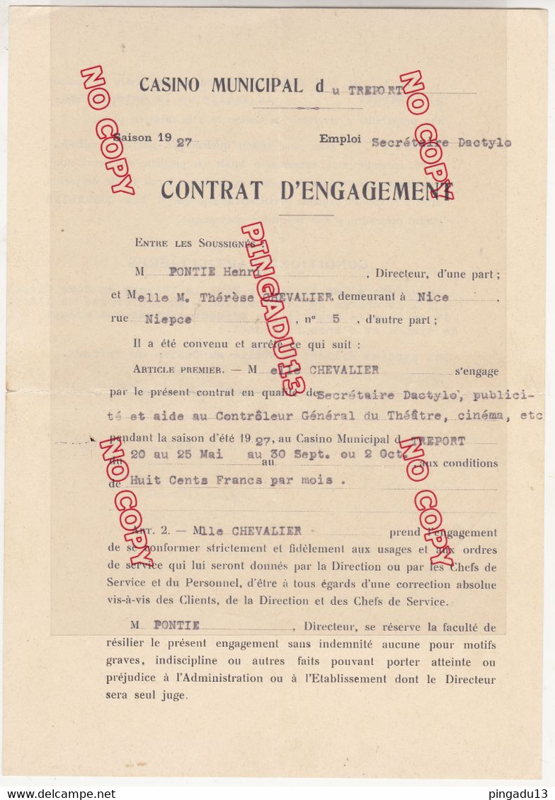 Contrat D'engagement Casino Municipal Du Tréport Pour La Saison 1927 - Sin Clasificación