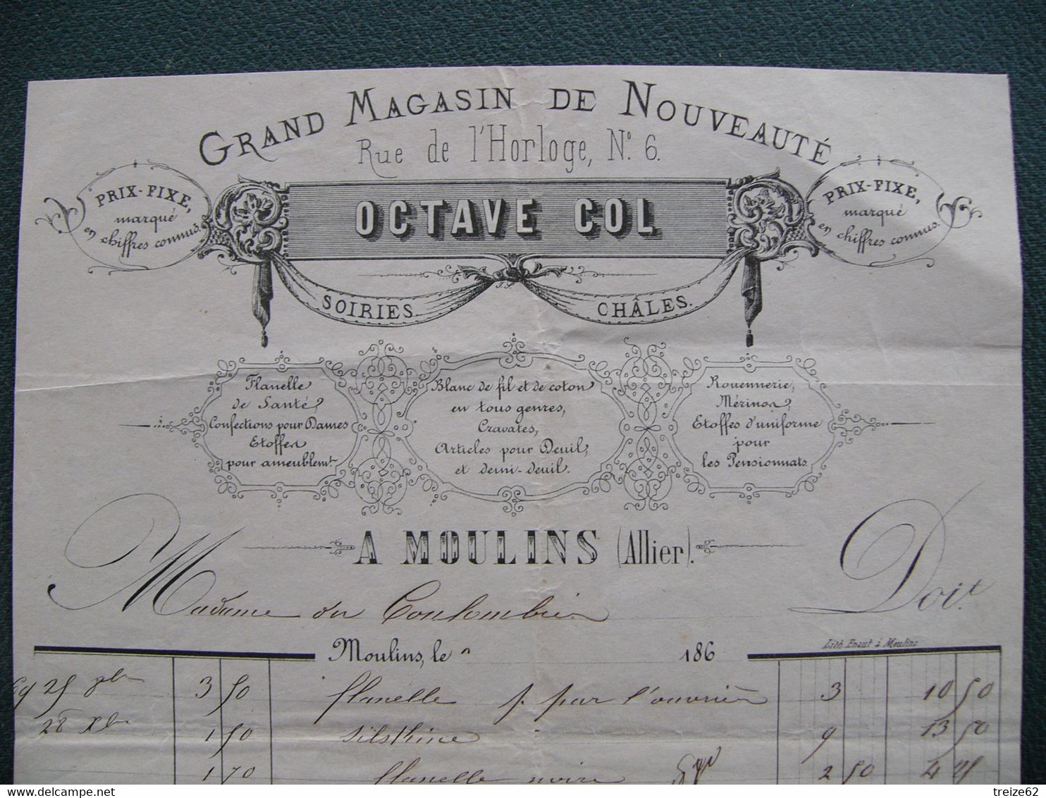 189? Facture MOULINS 03 Allier Grand Magasin De Nouveauté Octave Col Soiries  Adressée à Madame Du Coulombier - 1800 – 1899