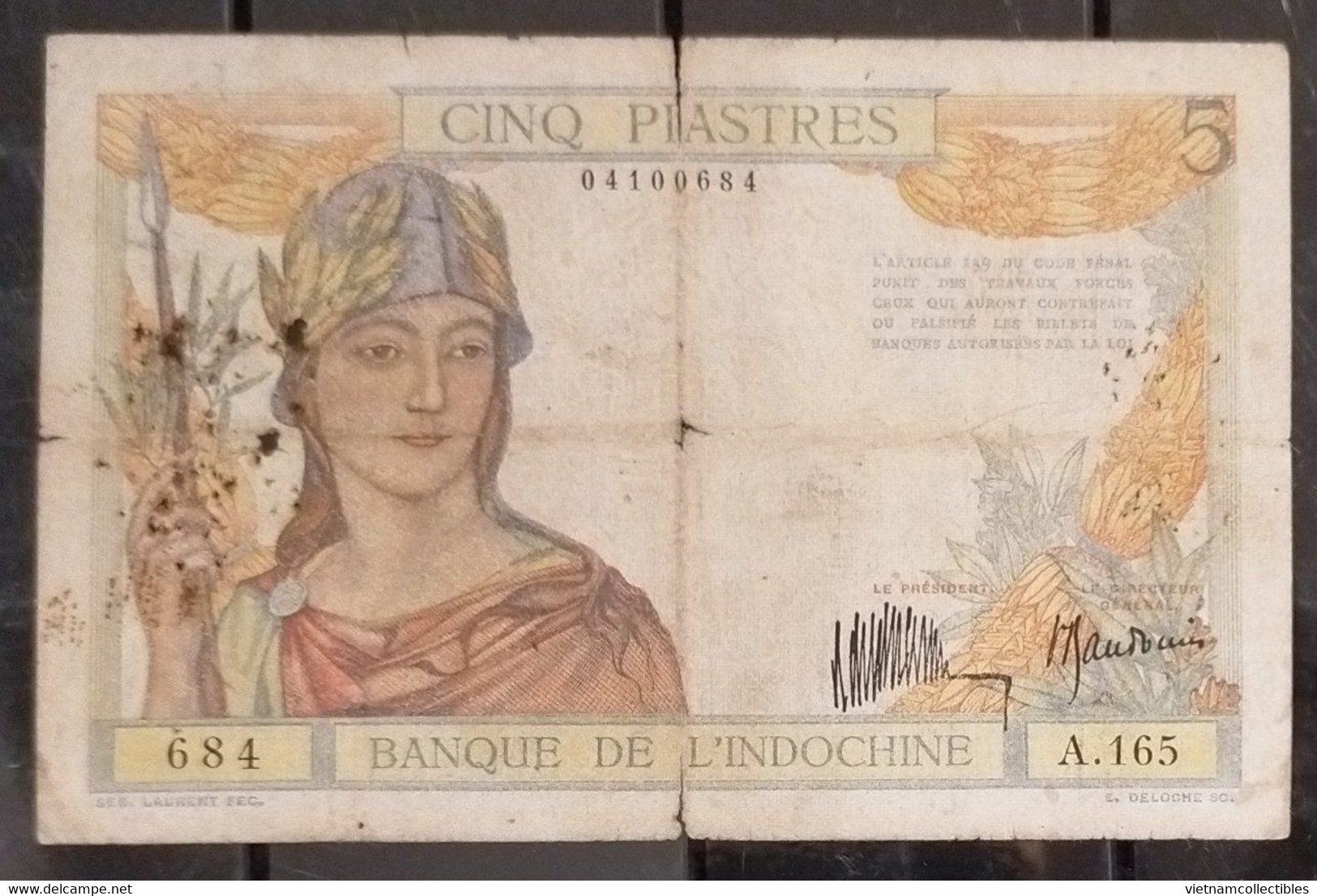 French Indochina Indo China Indochine Laos Vietnam Cambodia 5 Piastres Fine Banknote Note 1932 - Pick # 53a / 2 Photos - Indochine