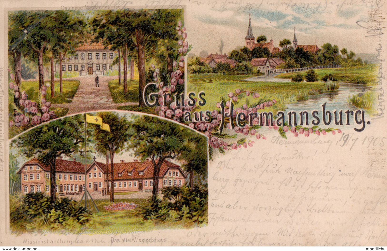 Gruss Aus Hermannsburg. Das Neue Missionshaus. Das Alte Missionshaus. Missionshandlung. 1905. - Bergen