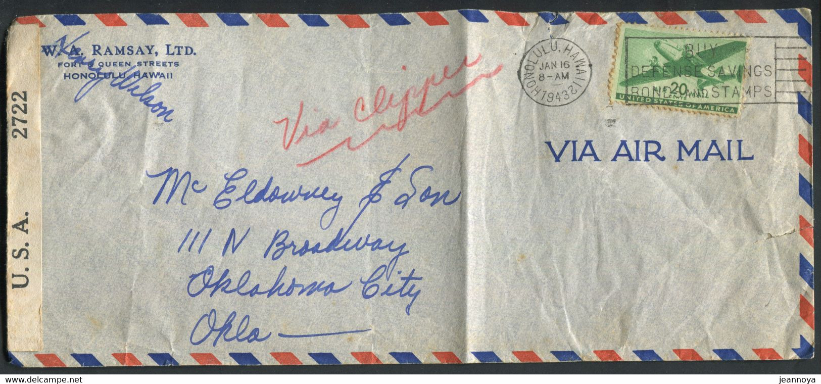 HAWAI -  USA PA N° 30 / LETTRE AVION D'HONOLULU LE 16/1/1943 POUR LES USA AVEC CENSURE - TB - Hawaï