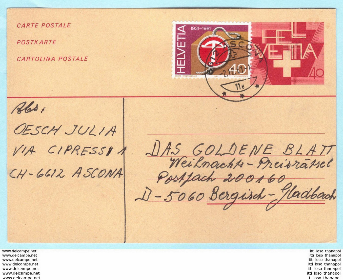 SCHWEIZ 40 Kreuz Rot + 1207 Armbrustzeichen -- 6612 Ascona 02.12.1981 -- Ganzsache Postcard (2 Scan)(61287) - Postwaardestukken