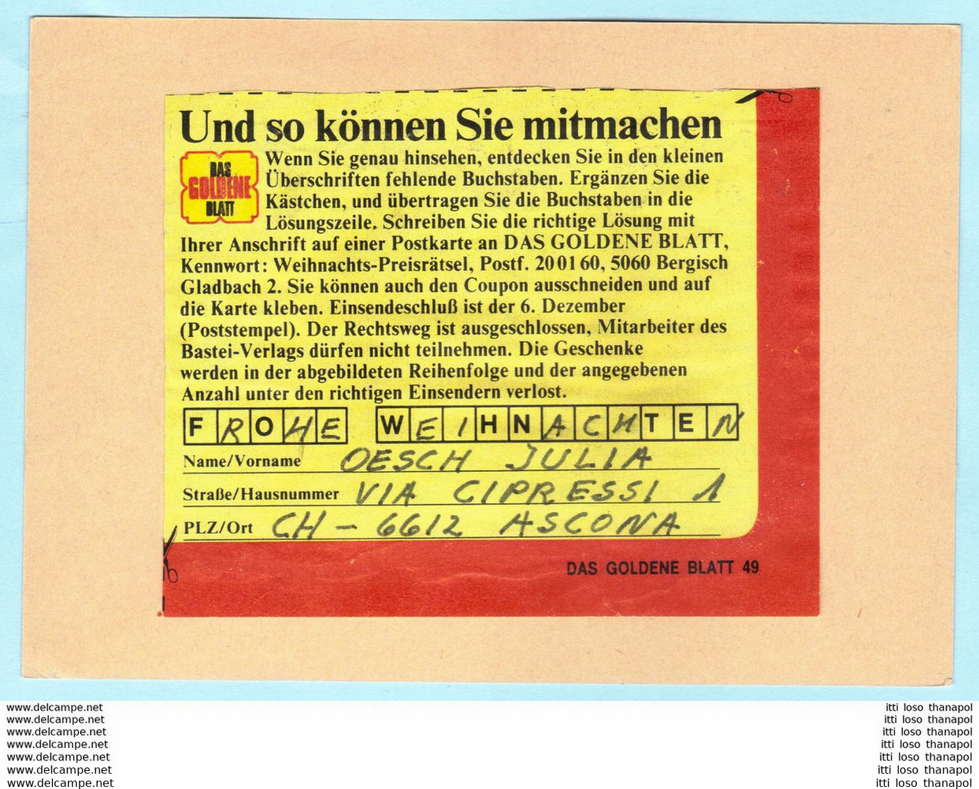 SCHWEIZ 40 Kreuz Rot + 1207 Armbrustzeichen -- 6612 Ascona 02.12.1981 -- Ganzsache Postcard (2 Scan)(61287) - Postwaardestukken