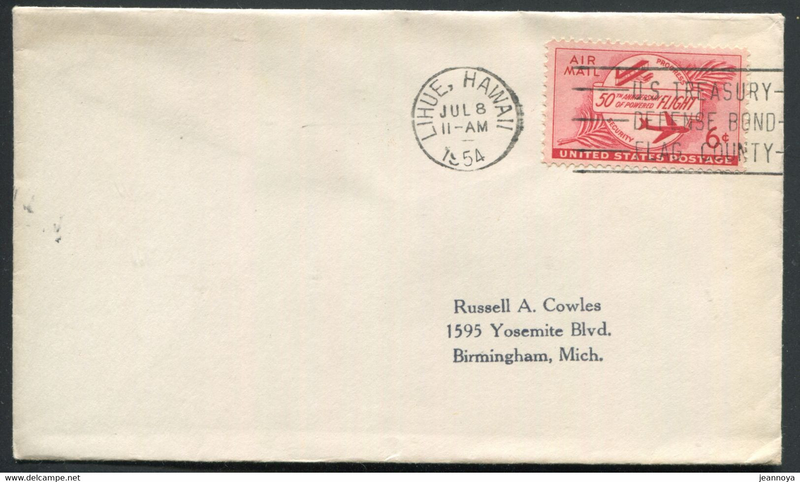 HAWAI -  U.S.A. PA N° 46 / LETTRE AVION AVECO.M. DE LIHUE LE 8/7/1954 POUR LES USA - TB - Hawaii