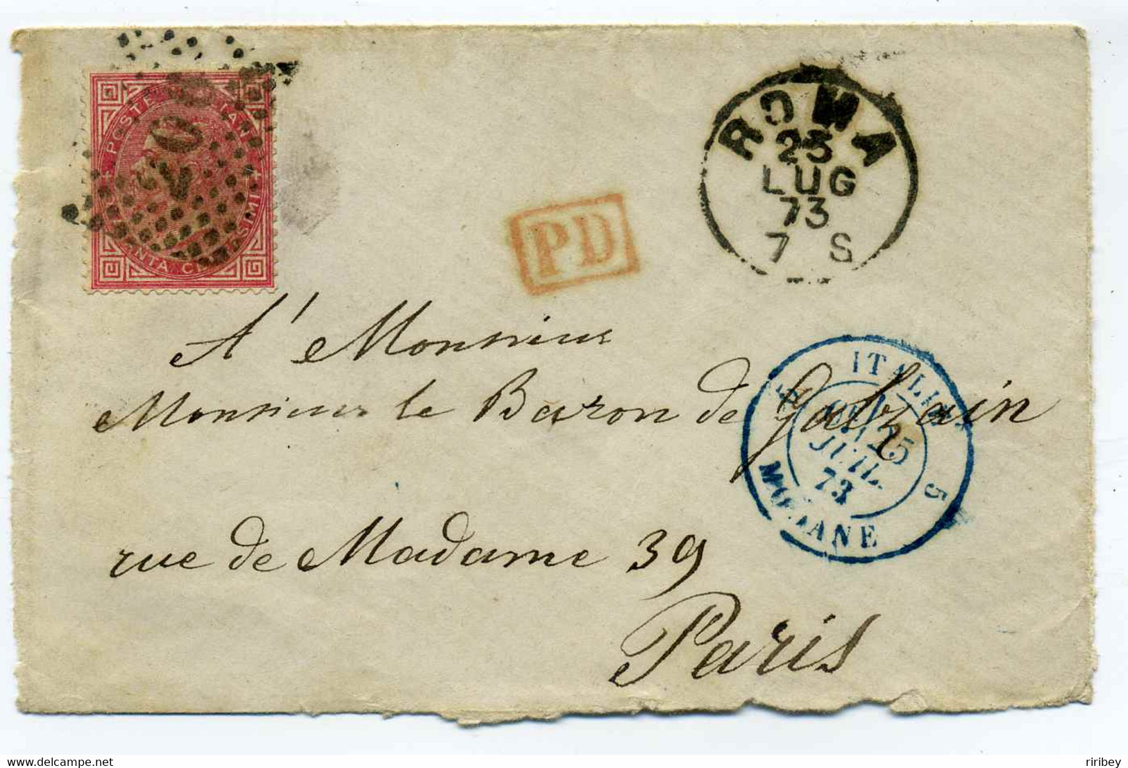 Lettre De ROME Avec Marque D'entrée ITALIE Par MODANE 5 (bleu) / Juillet 1873 - Entry Postmarks