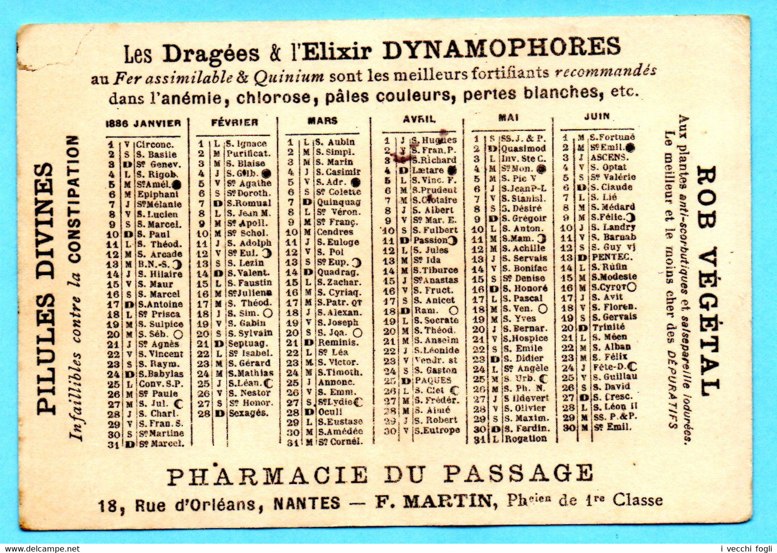 Chromo Calendrier 1er Semestre 1886. Pharmacie Du Passage, Nantes. Vie Dans La Grèce Ancienne. Le Pantin. - Kleinformat : ...-1900