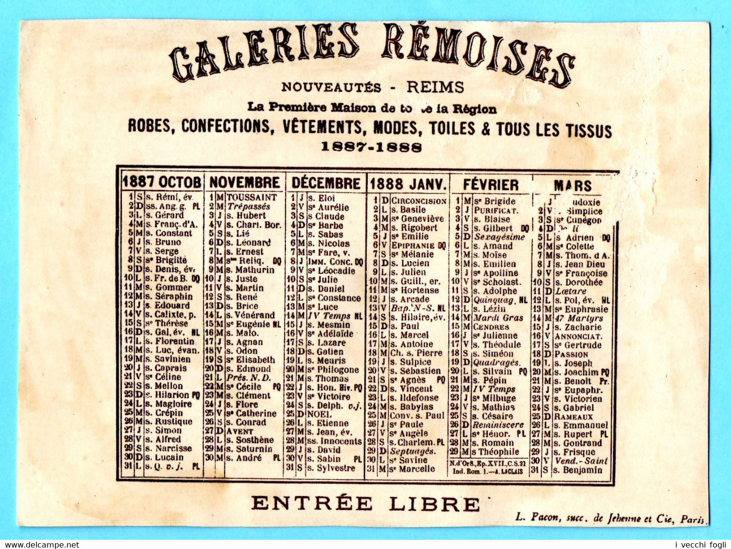 Chromo Galeries Rémoises. Paysans. La Cage De La Poule. Au Dos Calendrier Semestre Octobre 1887-mars 1888. Imp. Pacon - Kleinformat : ...-1900