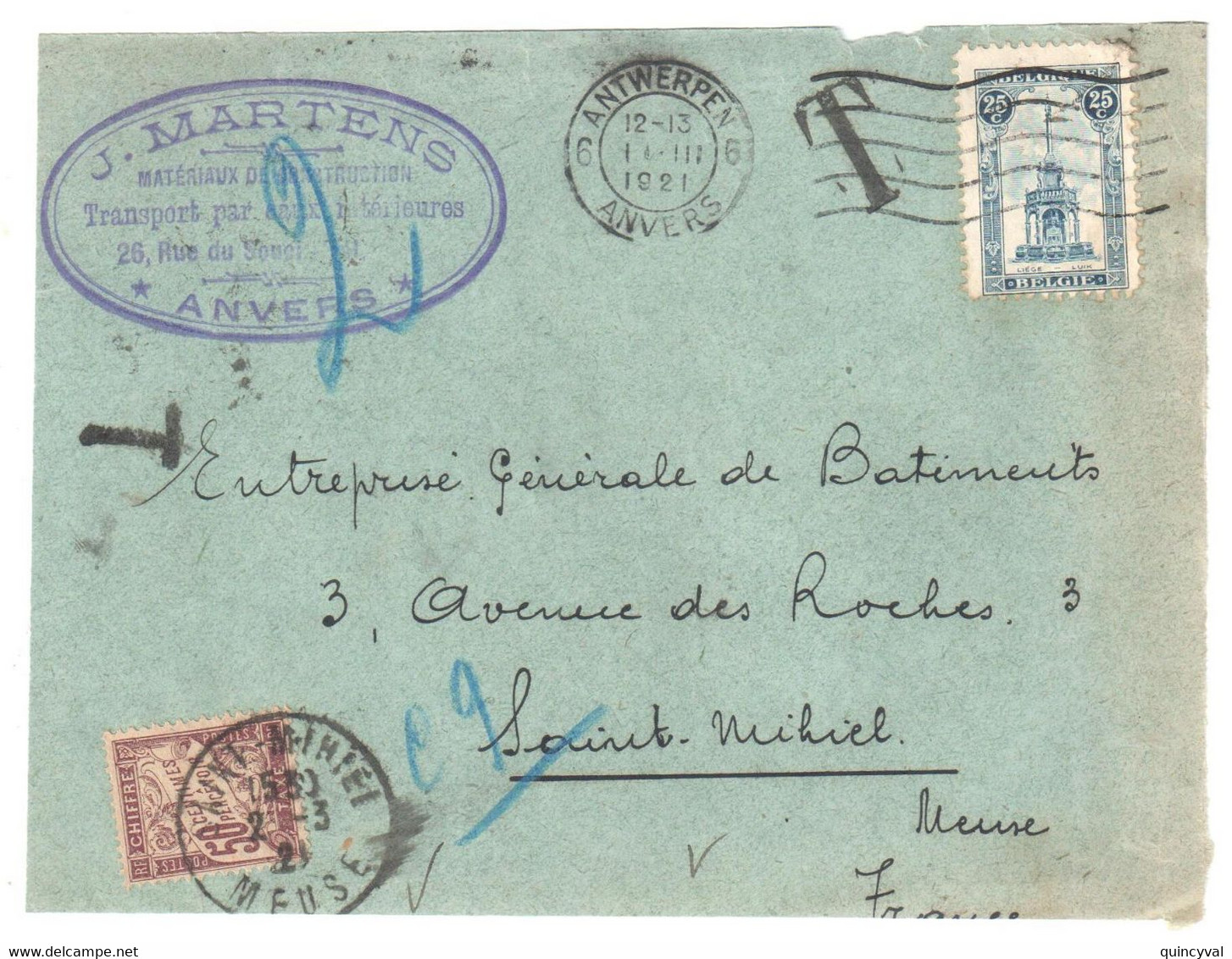 DEVANT Lettre Belgique Anvers Antwerpen Ob 1 2 1921 Taxe 50c Banderole Yv 37 Dest St MIHIEL Meuse - 1859-1959 Storia Postale