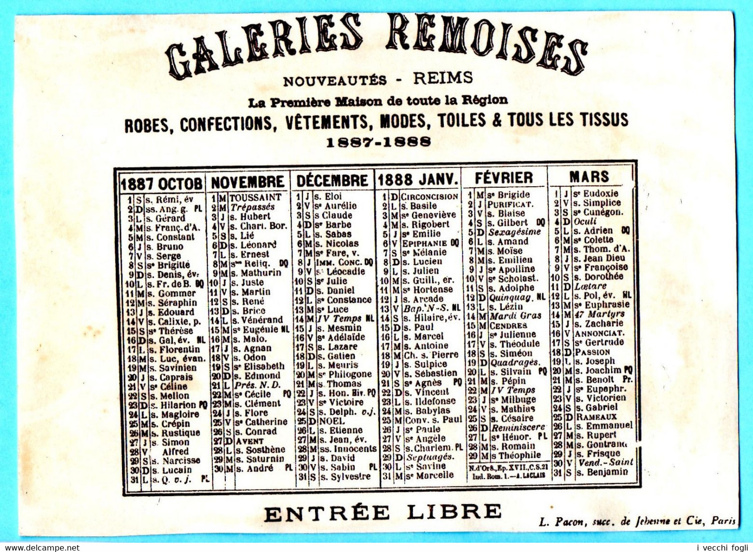 Chromo Galeries Rémoises. Aux Champs. Les Deux Sœurs. Au Dos Calendrier Semestre Octobre 1887-mars 1888. Imp. Pacon - Small : ...-1900