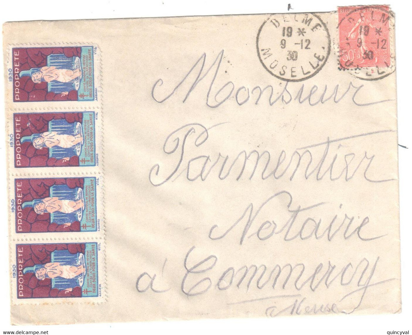 DELME Moselle Lettre 50c Semeuse Lignée Yv 199 Ob 1390 Dest Commercy 4 Etiquettes 1929 PROPRETE Erinophilie Tuberculose - Cartas & Documentos