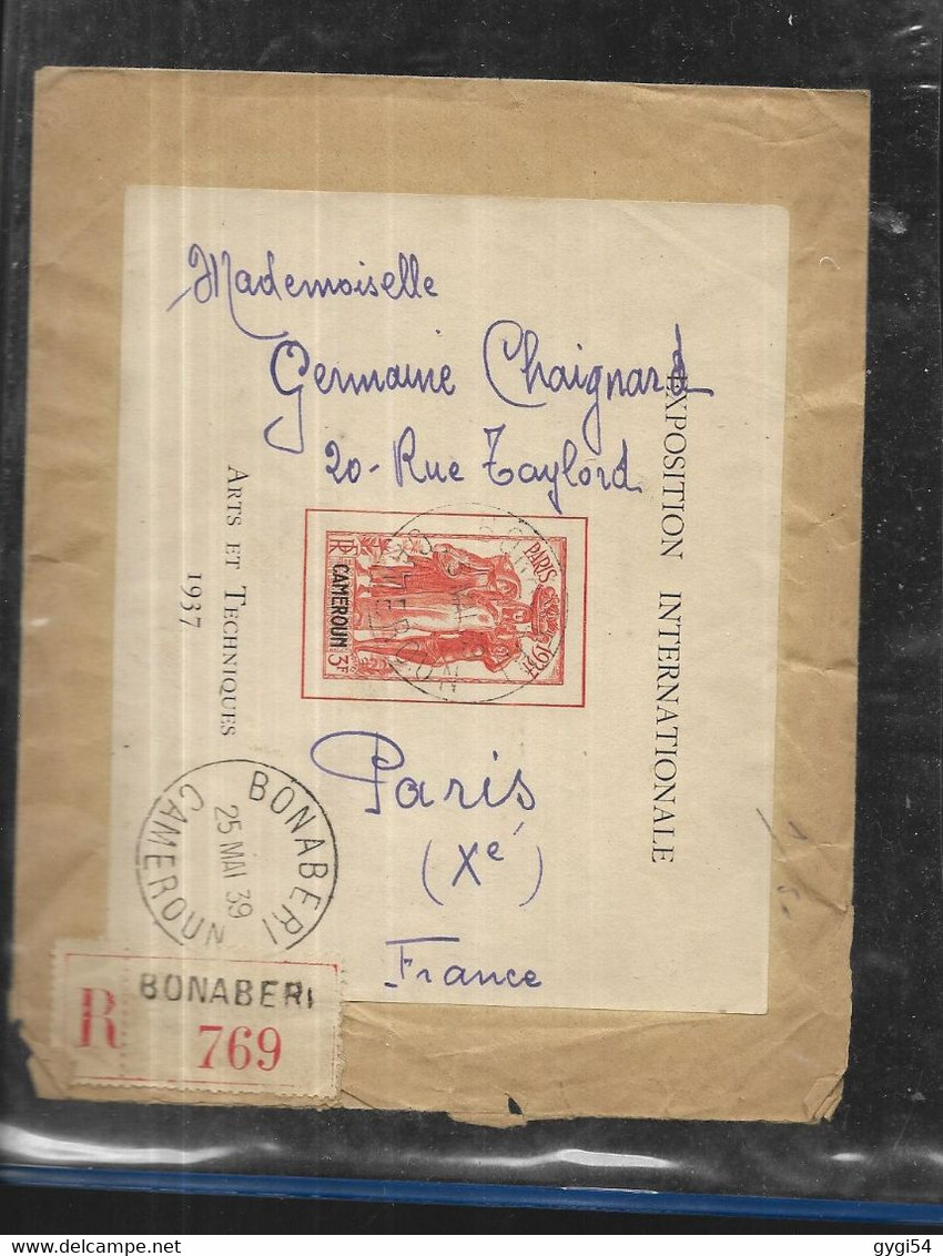 Cameroun Bloc N°1 Seul Sur  Lettre Recommandée Du 25 Mai 1939 De Bonaberi Pour Paris  Cachet D'arrivée - Storia Postale