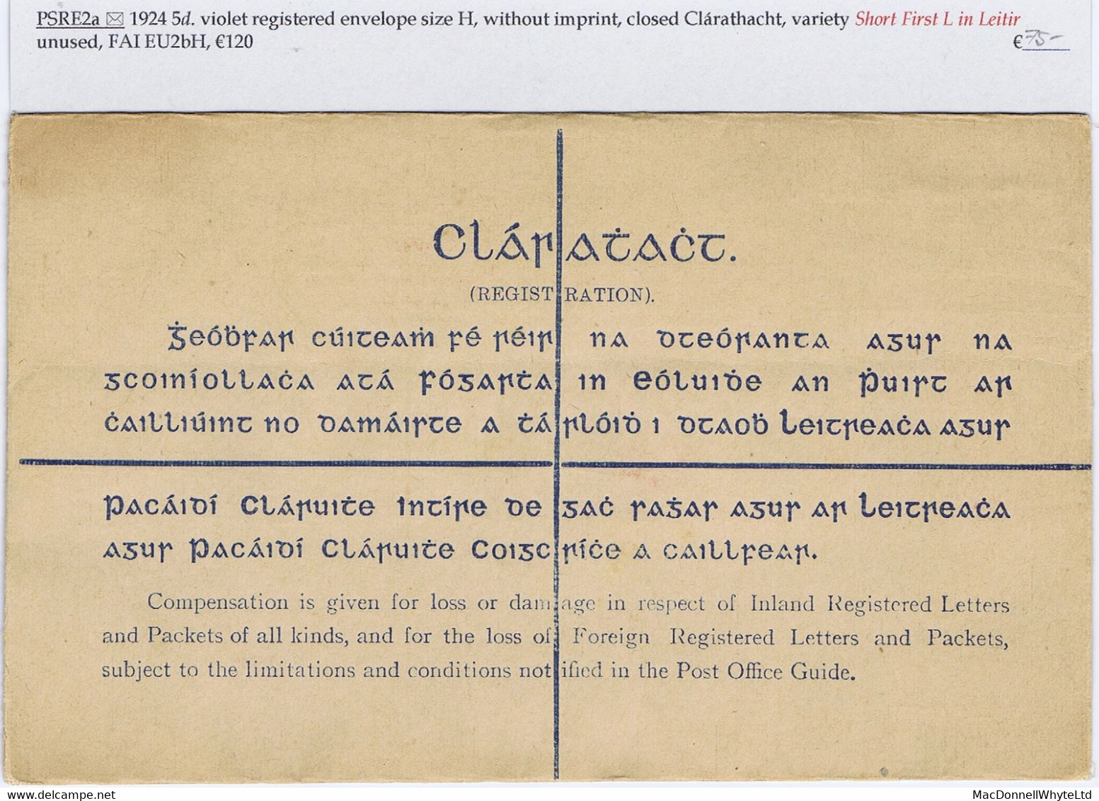 Ireland 1924 Registered Envelope 5d Violet Size H, No Imprint, Variety Short "L" In "Leitir", Unused - Postwaardestukken