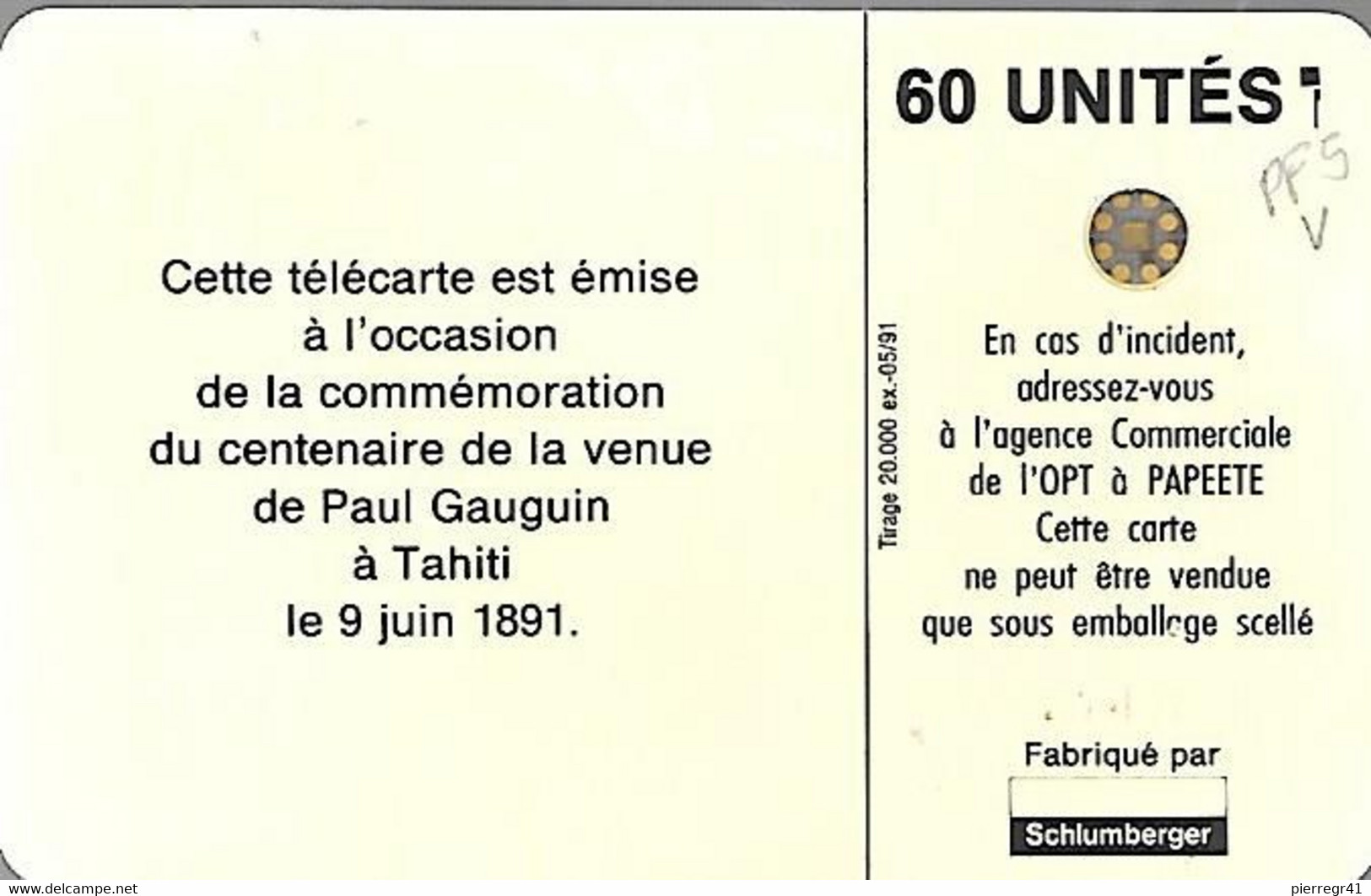 CARTE-PUCE-POLYNESIE-PF5 -SC4-60U-05/91-GAUGUIN-Les ORANGES-V° 5 Ge 27466-Utilisé-TBE-RARE - Polynésie Française