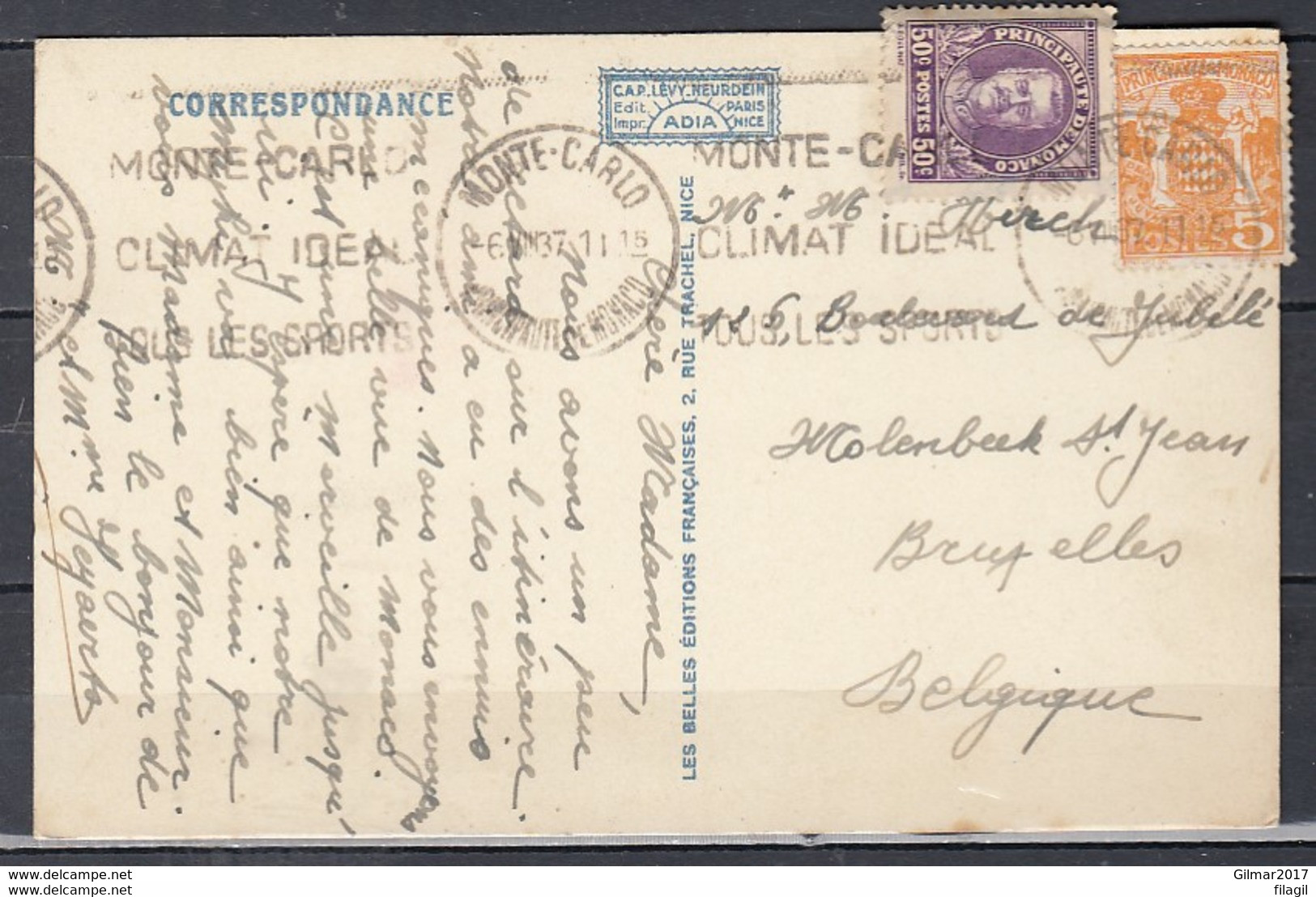 Postkaart Van Monte Carlo Naar Bruxelles - Covers & Documents