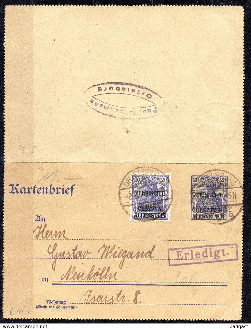 Allenstein - Kartenbrief 1920 - Other & Unclassified