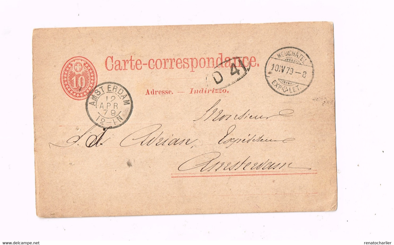 Entier Postal à 10 Centimes.Expédié De Neufchatel à Amsterdam - Enteros Postales