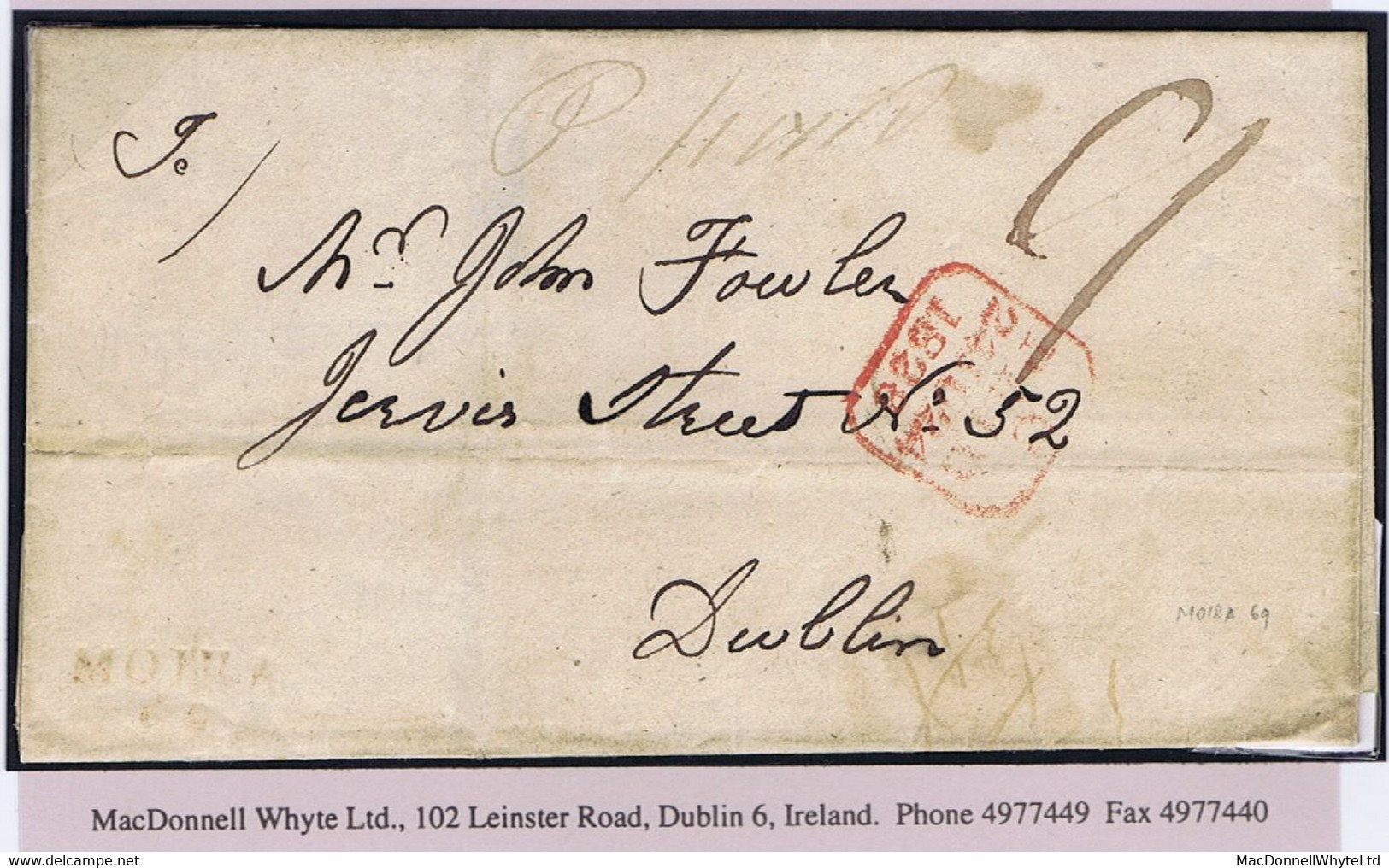 Ireland Down 1828 Cover To Dublin "P Paid 9" With Red MOIRA/69 Town Mileage Mark, Unrecorded - Prefilatelia