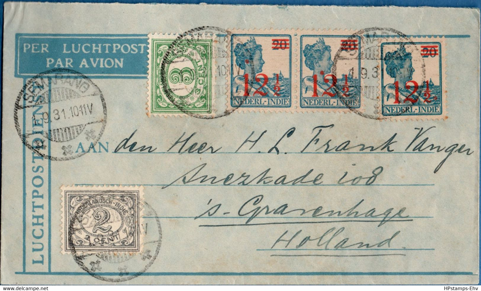 Dutch Indies 1931 Airmail Flight From Semarang 1.9.31 To The Hague 2110.2449 Franking A.o. 3 X 12½ C - Indes Néerlandaises