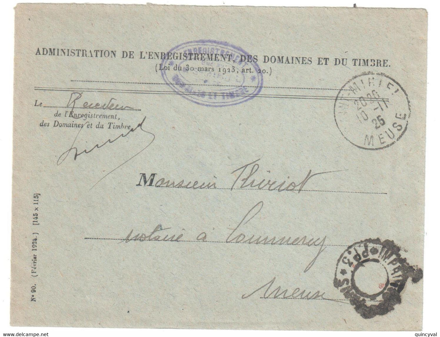 St MIHIEL Meuse Lettre Franchise Entête 1925 Enregistrement Domaines Timbres Dest Commercy Franchise Imprimés Paris PP3 - Lettere In Franchigia Civile