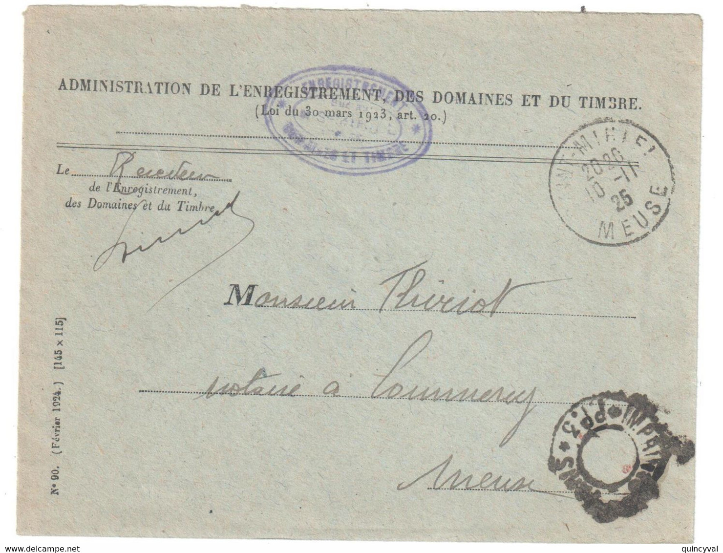 St MIHIEL Meuse Lettre Franchise Entête 1925 Enregistrement Domaines Timbres Dest Commercy Franchise Imprimés Paris PP3 - Civil Frank Covers