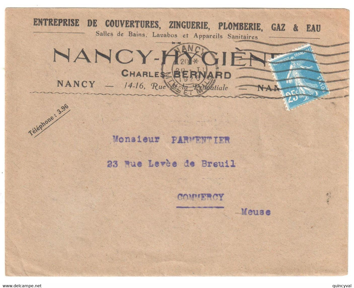 NANCY Lettre Entête HYGIENE Couverture Zinguerie Plomberie Gaz Eau Bernard 25c Semeuse Bleu Yv 140 - Brieven En Documenten