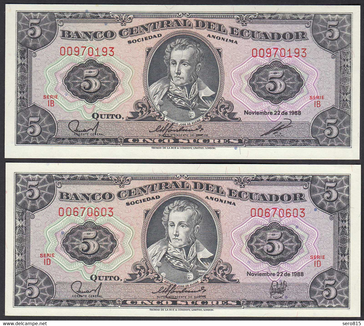 Ecuador 2 X 5 Sucres Banknoten 1988 Verschiedene Unterschriften UNC (1)   (23566 - Andere - Amerika