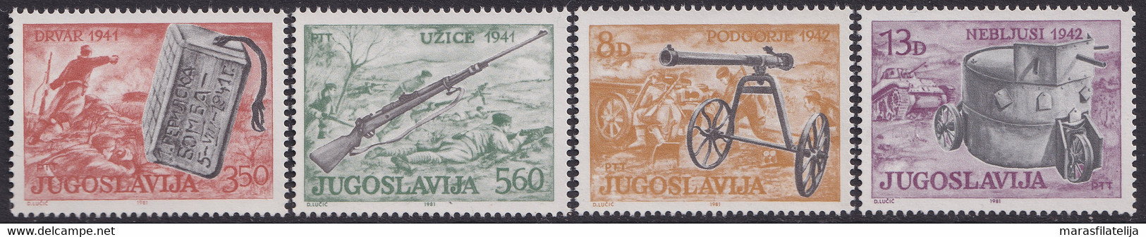 Jugoslawien, 1981, (Mi.Nr.1873/6), Museumexponate: Partisanenwaffen ** - Unused Stamps